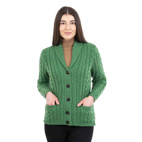 Women's Aran Knit Shawl Neck Cardigan, Green - Creative Irish Gifts