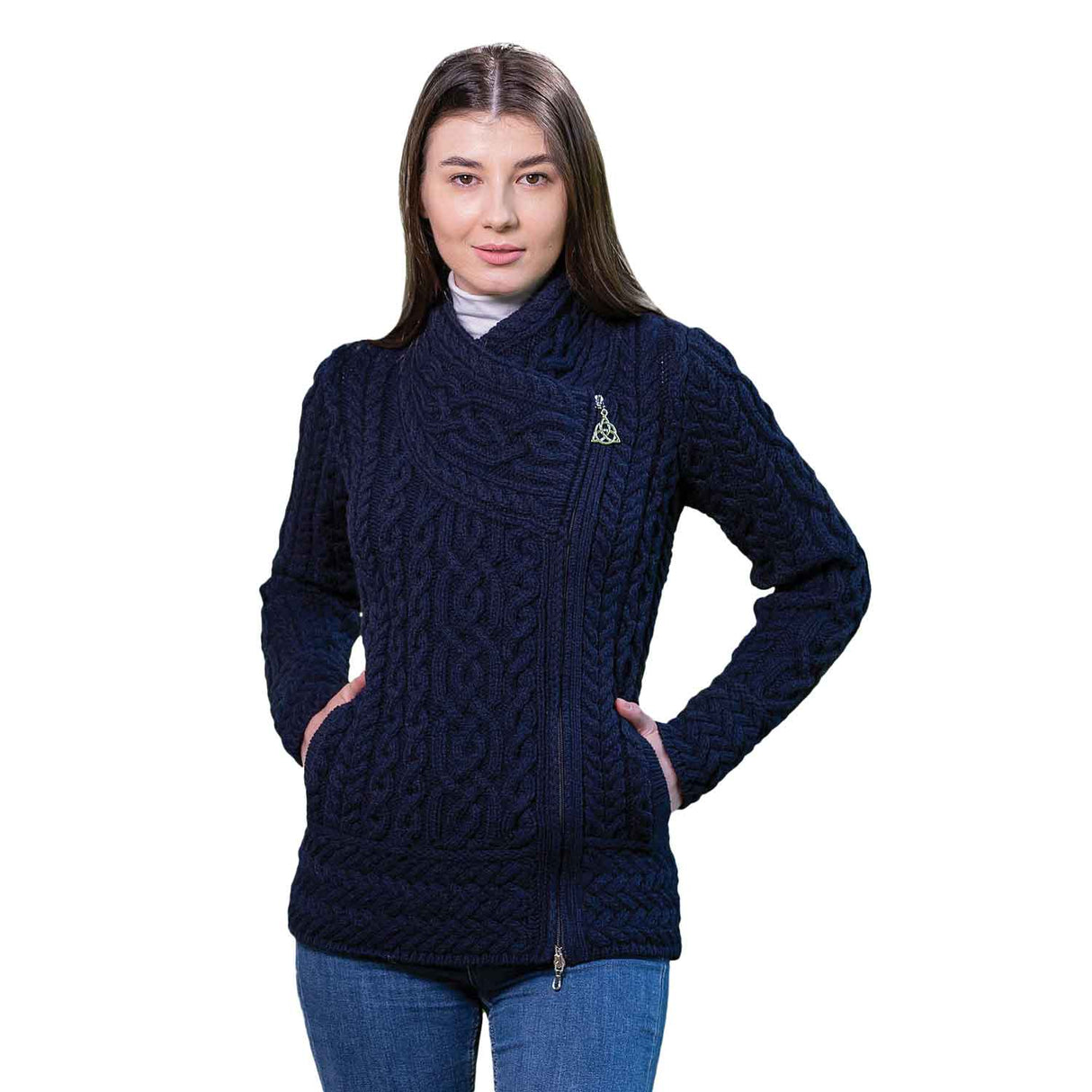Women's Aran Knit Asymmetrical Zip Moto Coat, Navy - Creative Irish Gifts