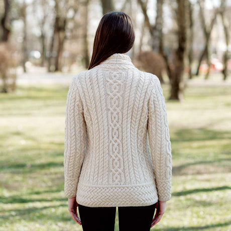 Women's Aran Knit Asymmetrical Zip Moto Coat, Parsnip - Creative Irish Gifts