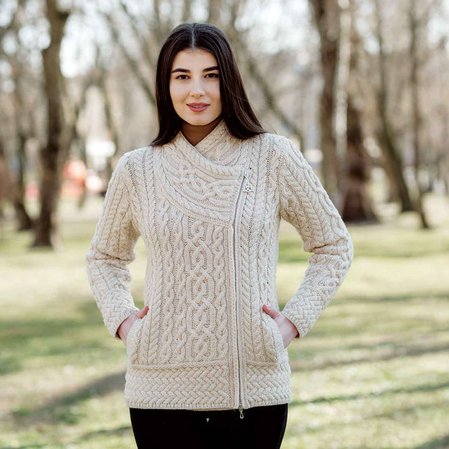 Women's Aran Knit Asymmetrical Zip Moto Coat, Parsnip - Creative Irish Gifts