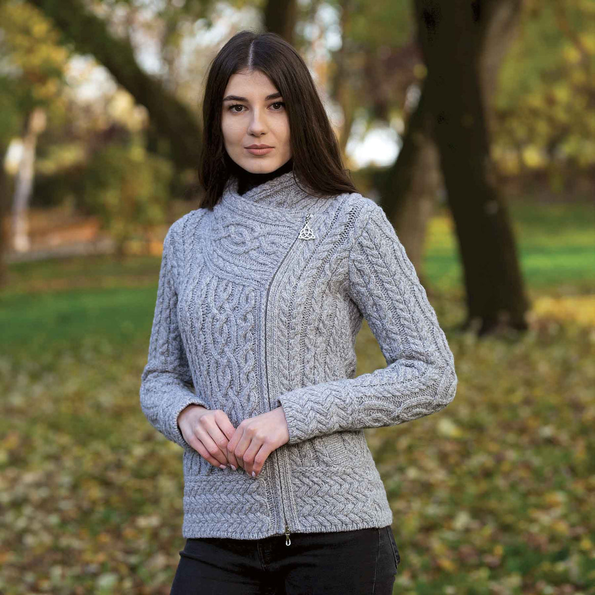 Women's Aran Knit Asymmetrical Zip Moto Coat, Grey - Creative Irish Gifts