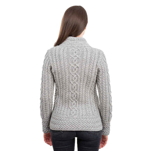 Women's Aran Knit Asymmetrical Zip Moto Coat, Grey - Creative Irish Gifts