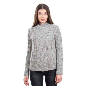 Women's Aran Knit Asymmetrical Zip Moto Coat, Grey - Creative Irish Gifts
