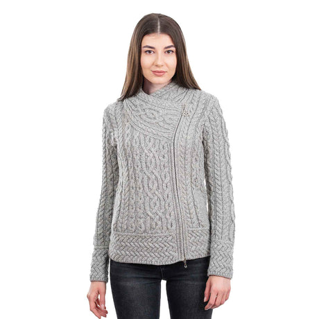 Women's Aran Knit Asymmetrical Zip Moto Coat, Grey - Creative Irish Gifts