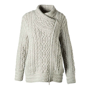 Women's Aran Knit Asymmetrical Zip Moto Coat, Grey - Creative Irish Gifts
