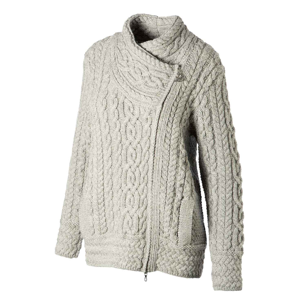 Women's Aran Knit Asymmetrical Zip Moto Coat, Grey - Creative Irish Gifts