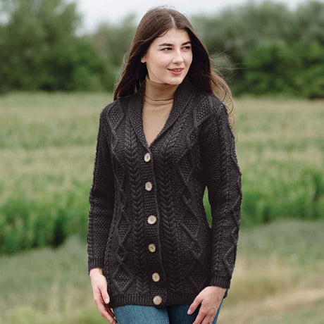 Women's Aran Knit Boyfriend Collar Cardigan, Charcoal - Creative Irish Gifts