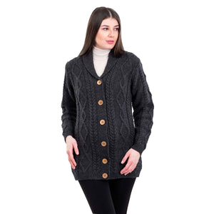 Women's Aran Knit Boyfriend Collar Cardigan, Charcoal - Creative Irish Gifts