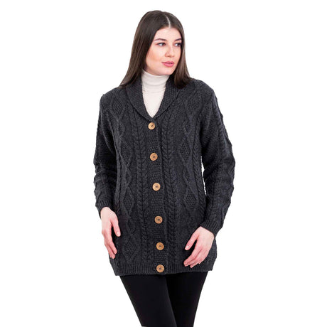 Women's Aran Knit Boyfriend Collar Cardigan, Charcoal - Creative Irish Gifts