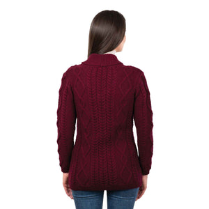 Women's Aran Knit Boyfriend Collar Cardigan, Wine - Creative Irish Gifts
