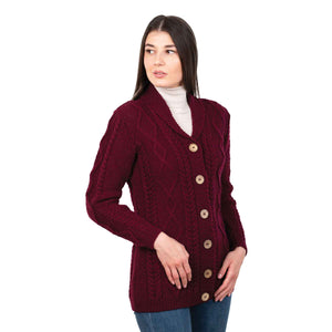 Women's Aran Knit Boyfriend Collar Cardigan, Wine - Creative Irish Gifts
