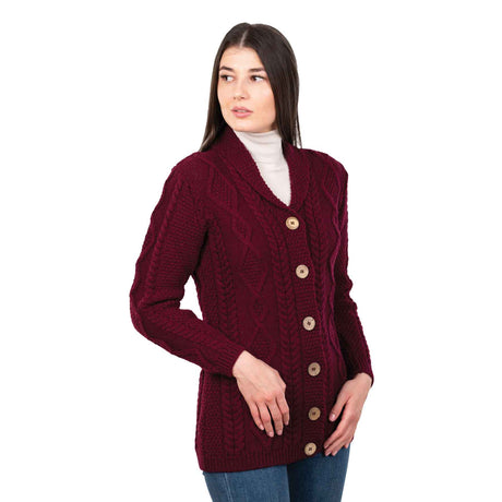 Women's Aran Knit Boyfriend Collar Cardigan, Wine - Creative Irish Gifts