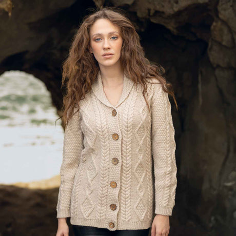 Women's Aran Knit Boyfriend Collar Cardigan, Parsnip - Creative Irish Gifts