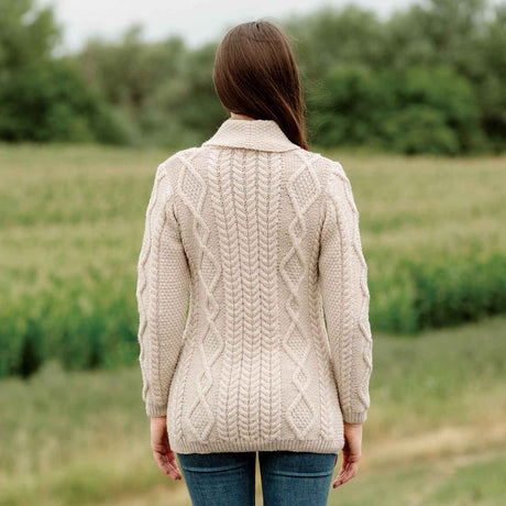 Women's Aran Knit Boyfriend Collar Cardigan, Parsnip - Creative Irish Gifts