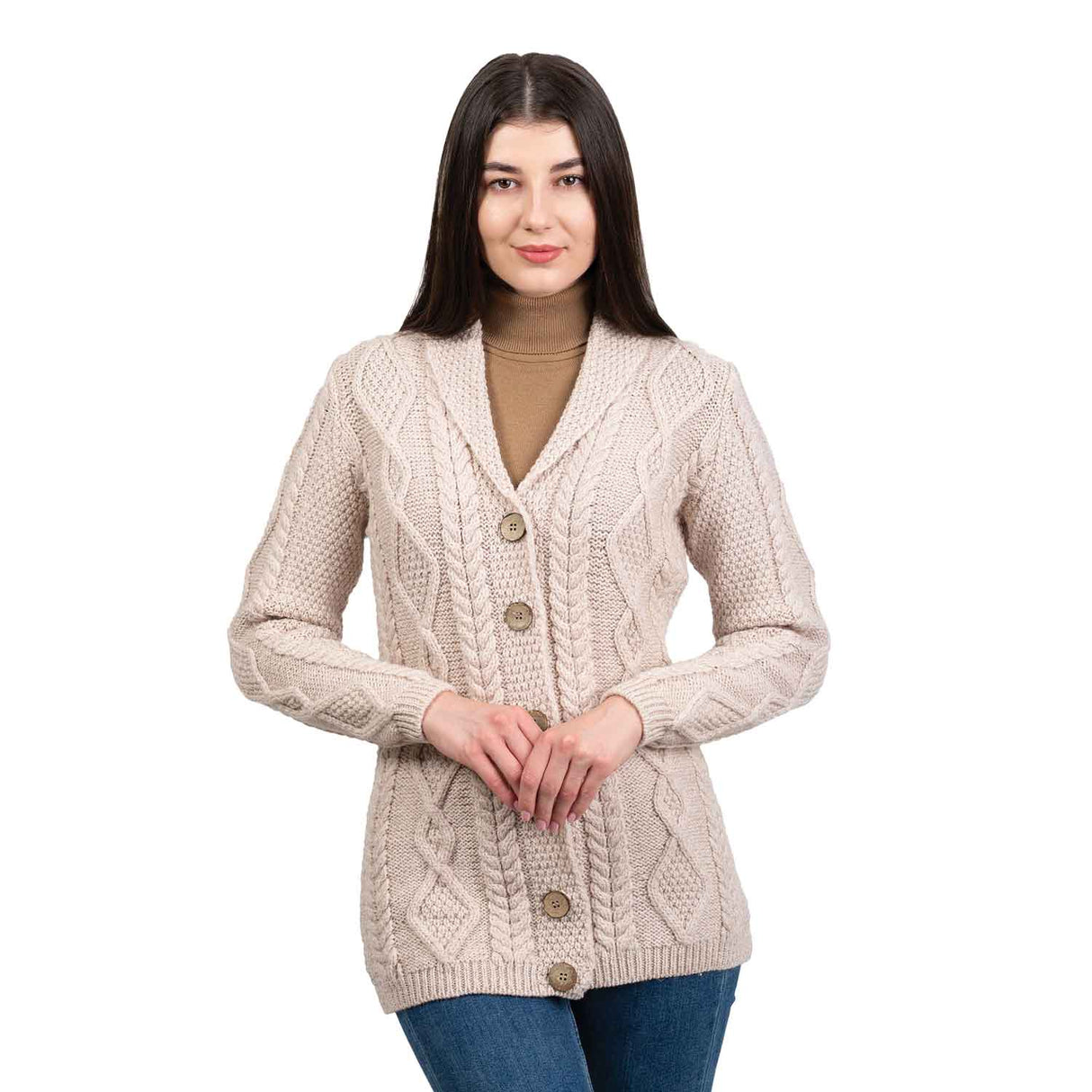 Women's Aran Knit Boyfriend Collar Cardigan, Parsnip - Creative Irish Gifts