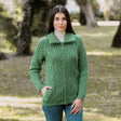 Women's Aran Knit Cable Bomber Jacket, Green - Creative Irish Gifts