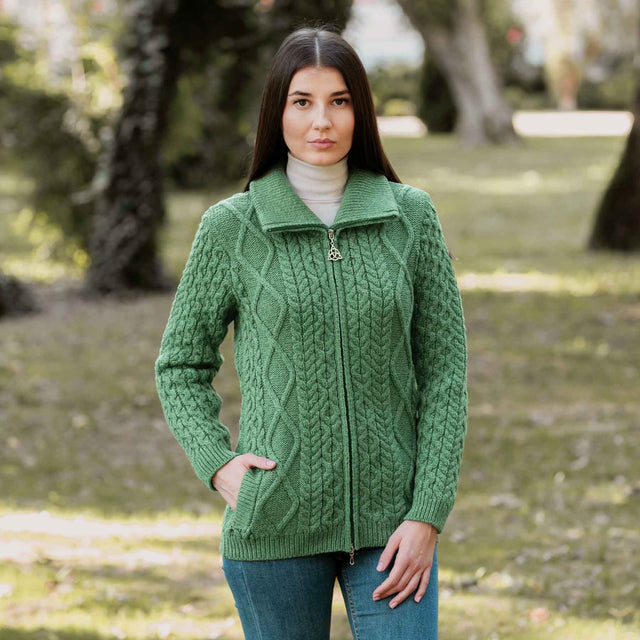 Women's Aran Knit Cable Bomber Jacket, Green - Creative Irish Gifts