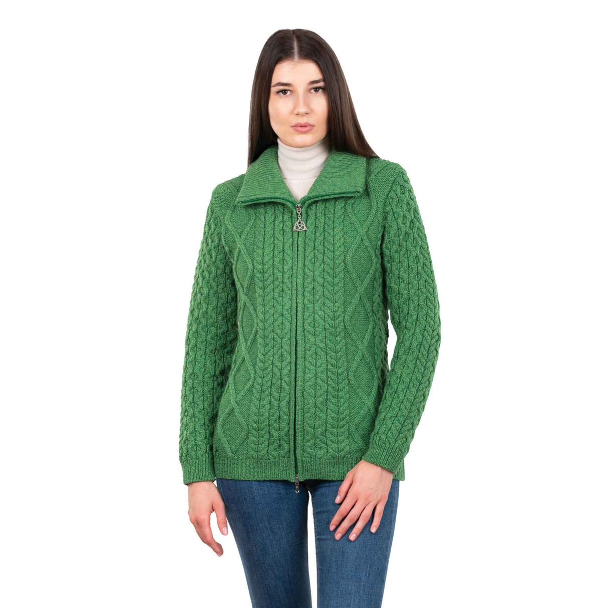 Women's Aran Knit Cable Bomber Jacket, Green - Creative Irish Gifts