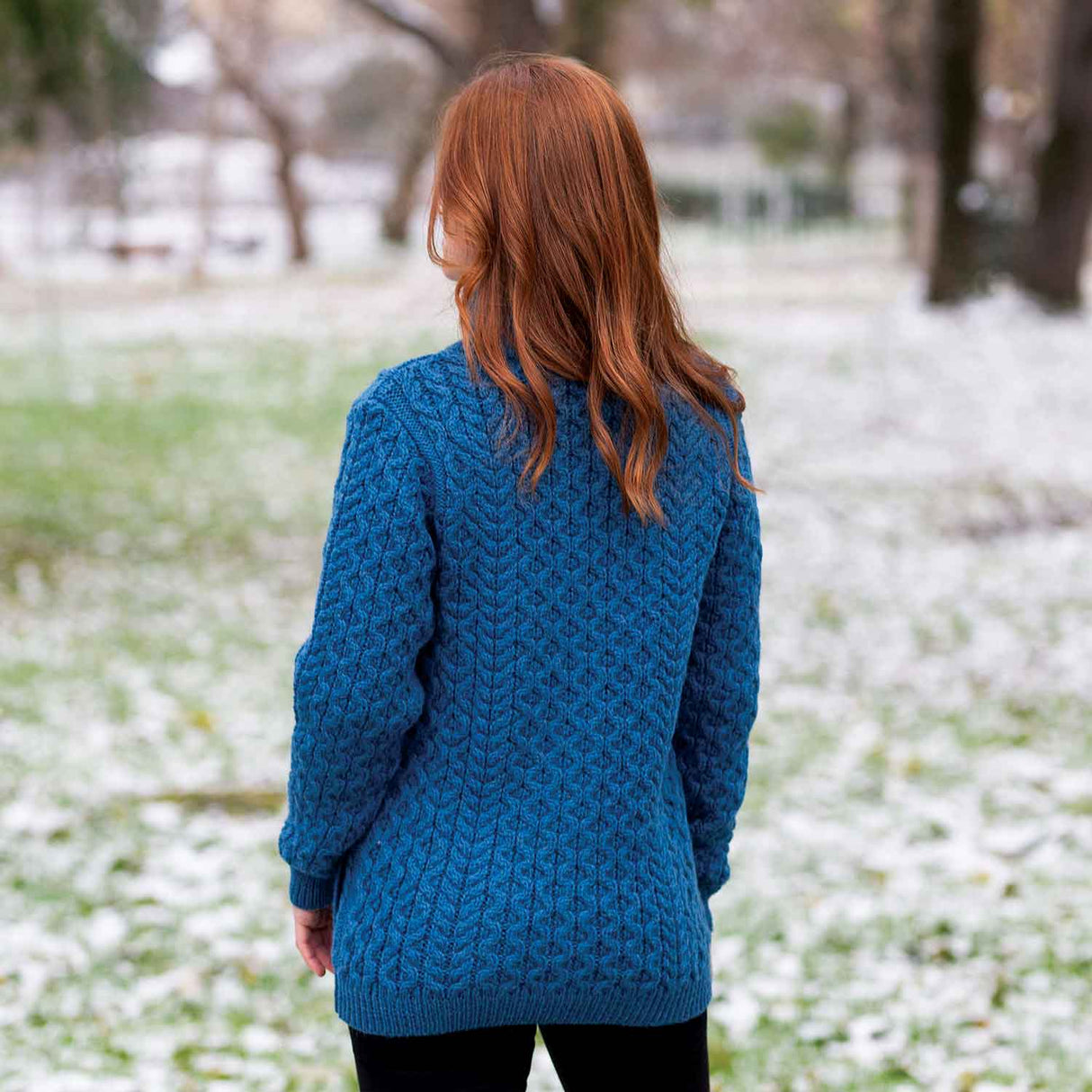 Women's Aran Knit Cable Bomber Jacket, Teal - Creative Irish Gifts