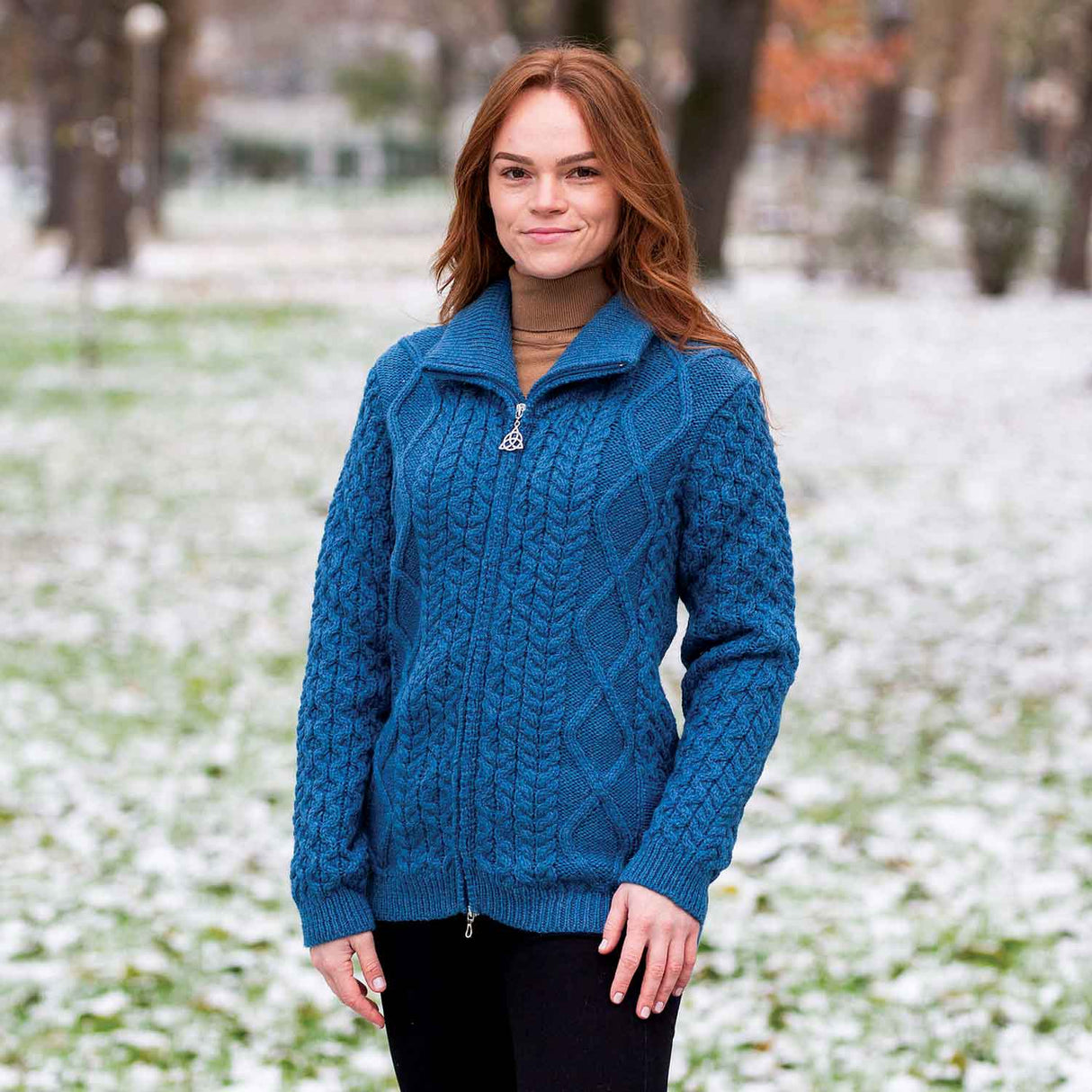 Women's Aran Knit Cable Bomber Jacket, Teal - Creative Irish Gifts