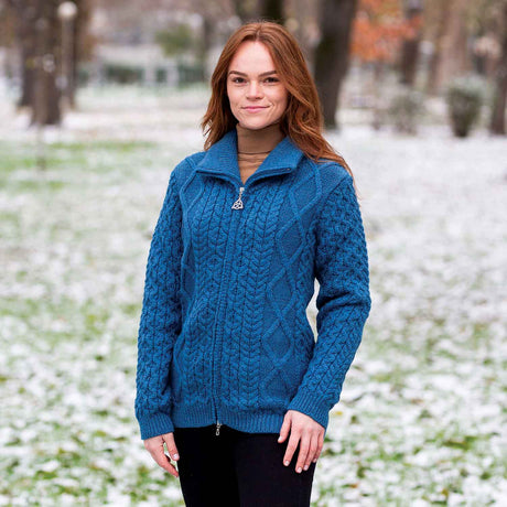 Women's Aran Knit Cable Bomber Jacket, Teal - Creative Irish Gifts