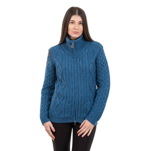 Women's Aran Knit Cable Bomber Jacket, Teal - Creative Irish Gifts