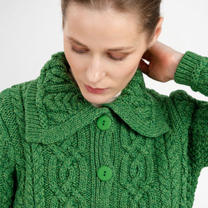 CG781-GRNSM Women's Aran Knit Button-Up Cardigan, Green Front View  Creative Irish Gifts.com