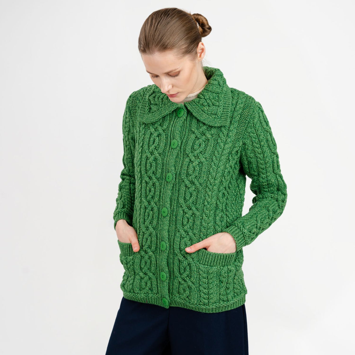 CG781-GRNSM Women's Aran Knit Button-Up Cardigan, Green studio Creative Irish Gifts.com