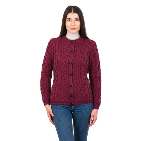 Women's Aran Knit Button Cardigan, Velvet Red - Creative Irish Gifts