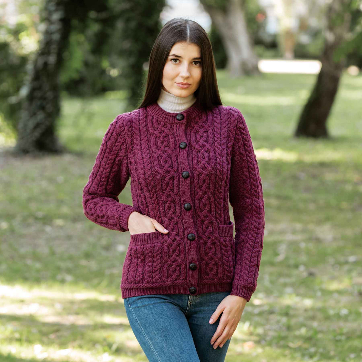 Women's Aran Knit Button Cardigan, Velvet Red - Creative Irish Gifts