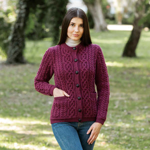 Women's Aran Knit Button Cardigan, Velvet Red - Creative Irish Gifts