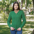 Women's Aran Knit Double Collar Zipped Cardigan, Green - Creative Irish Gifts