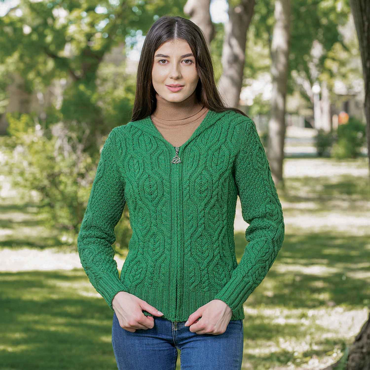 Women's Aran Knit Double Collar Zipped Cardigan, Green - Creative Irish Gifts