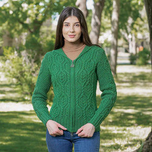 Women's Aran Knit Double Collar Zipped Cardigan, Green - Creative Irish Gifts