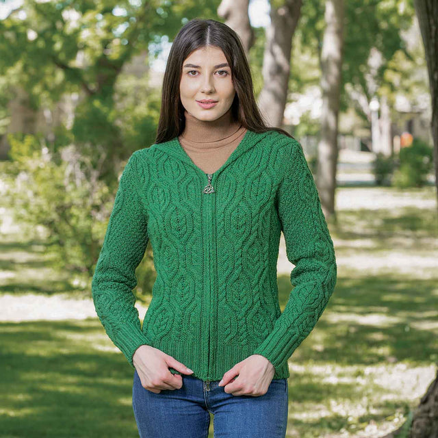 Women's Aran Knit Double Collar Zipped Cardigan, Green - Creative Irish Gifts
