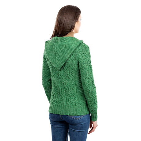 Women's Aran Knit Double Collar Zipped Cardigan, Green - Creative Irish Gifts