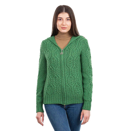 Women's Aran Knit Double Collar Zipped Cardigan, Green - Creative Irish Gifts