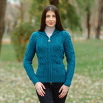 Women's Aran Knit Double Collar Zipped Cardigan, Teal - Creative Irish Gifts