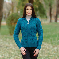 Women's Aran Knit Double Collar Zipped Cardigan, Teal - Creative Irish Gifts
