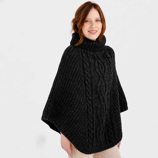 CG791 Merino Wool Aran Cable Cowl Neck Poncho, Antrachite Creative Irish Gifts.com