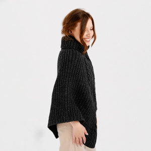 CG791 Merino Wool Aran Cable Cowl Neck Poncho, Antrachite Side View  Creative Irish Gifts.com