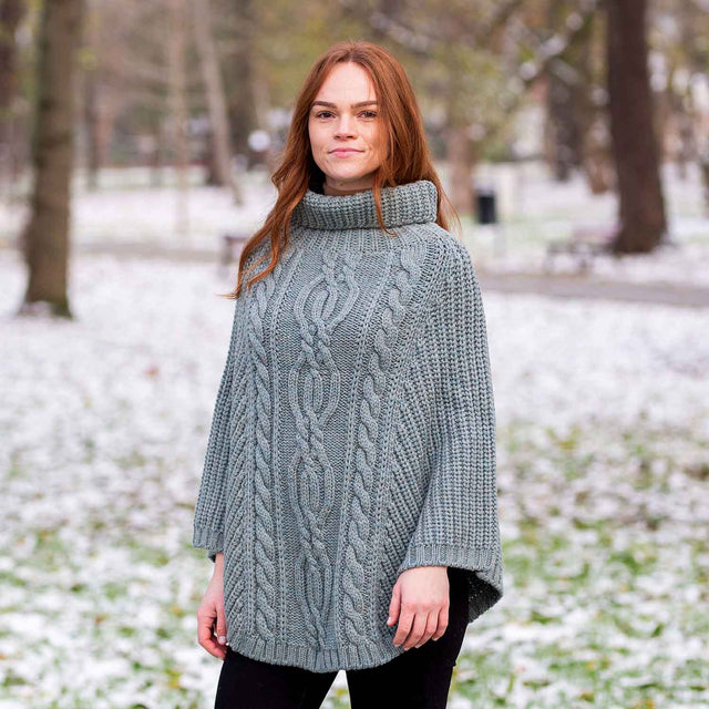 Women's Cable Knit Poncho, Skylight - Creative Irish Gifts