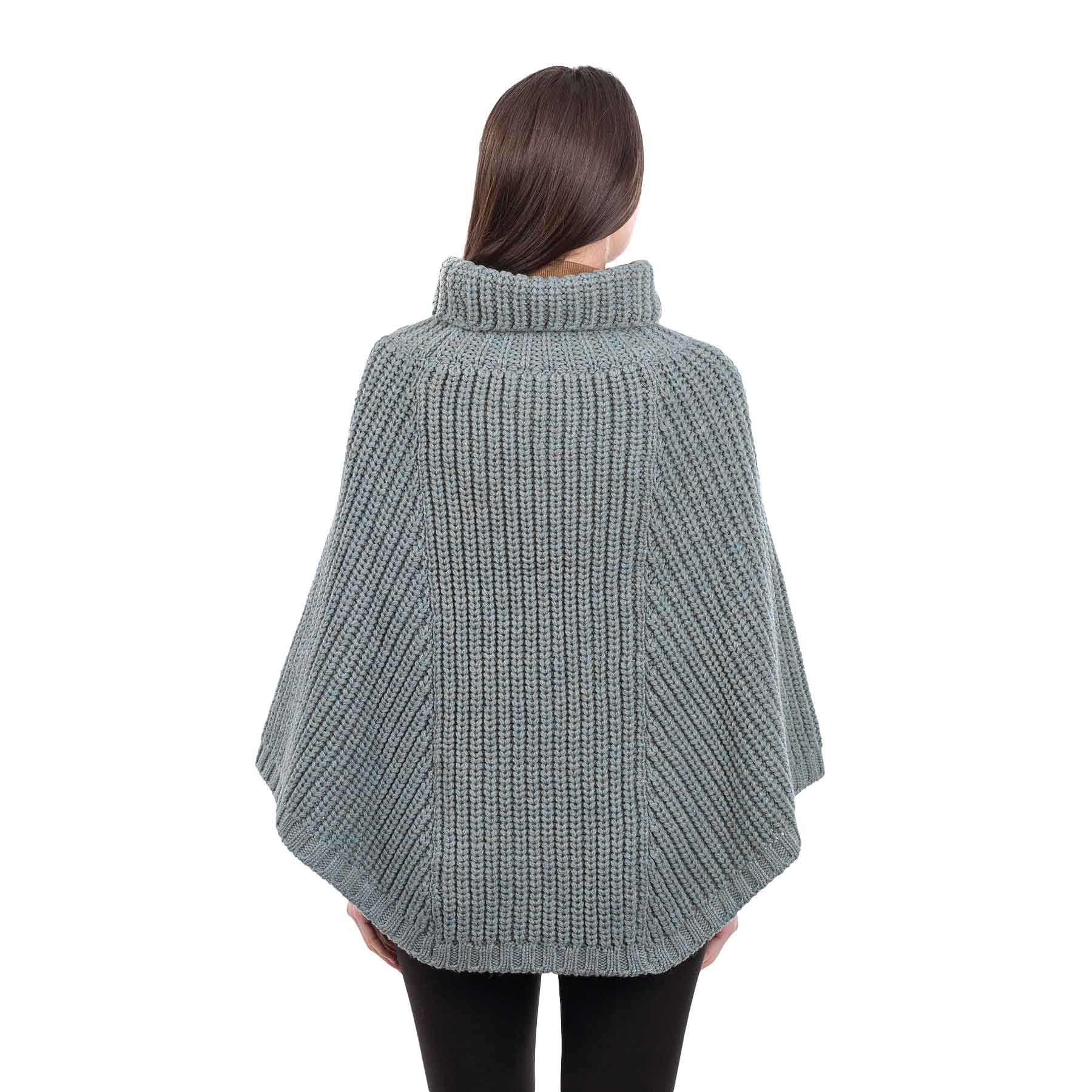 Merino Wool Aran Cable Cowl Neck Poncho, Skylight