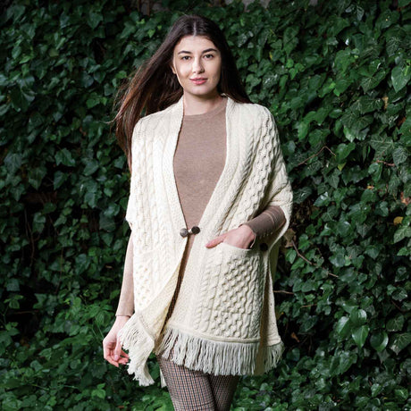 Women's Cable Pattern Pocket Shawl, Natural - Creative Irish Gifts