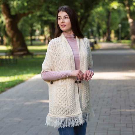 Women's Cable Pattern Pocket Shawl, Natural - Creative Irish Gifts