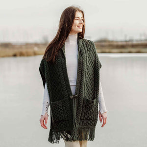 Women's Cable Pattern Pocket Shawl, Army Green - Creative Irish Gifts