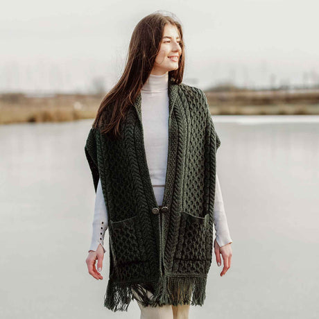 Women's Cable Pattern Pocket Shawl, Army Green - Creative Irish Gifts
