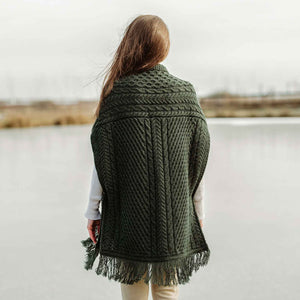 Women's Cable Pattern Pocket Shawl, Army Green - Creative Irish Gifts