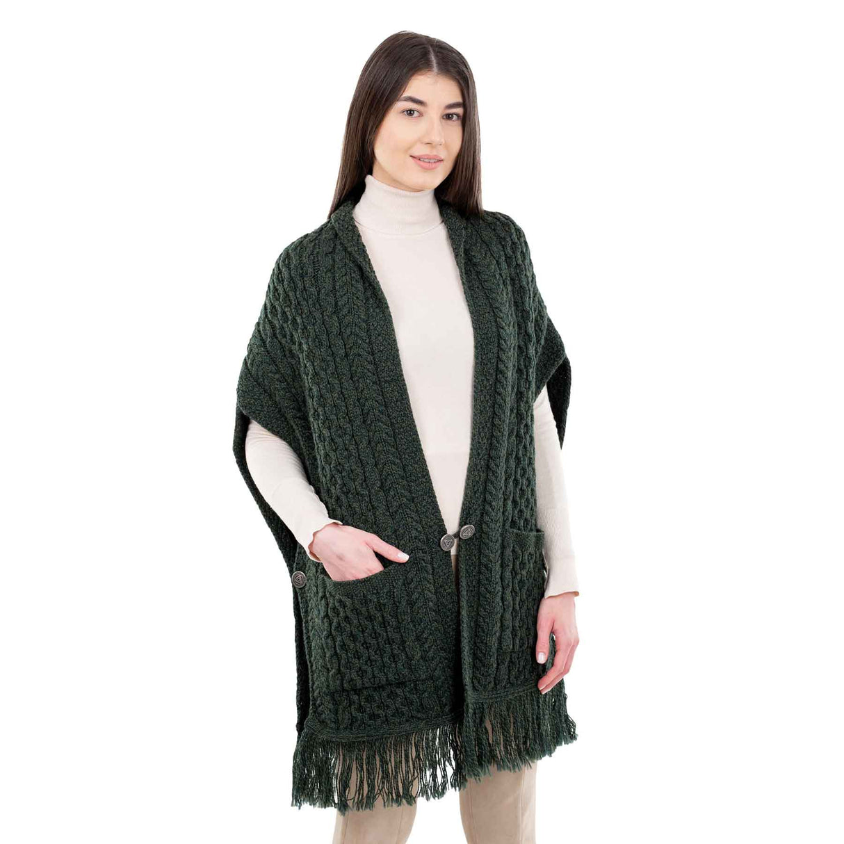 Women's Cable Pattern Pocket Shawl, Army Green - Creative Irish Gifts