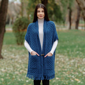 Women's Cable Pattern Pocket Shawl, Marl Blue - Creative Irish Gifts